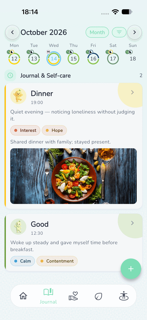 Journal calendar with a meal entry, emotions, and a food photo