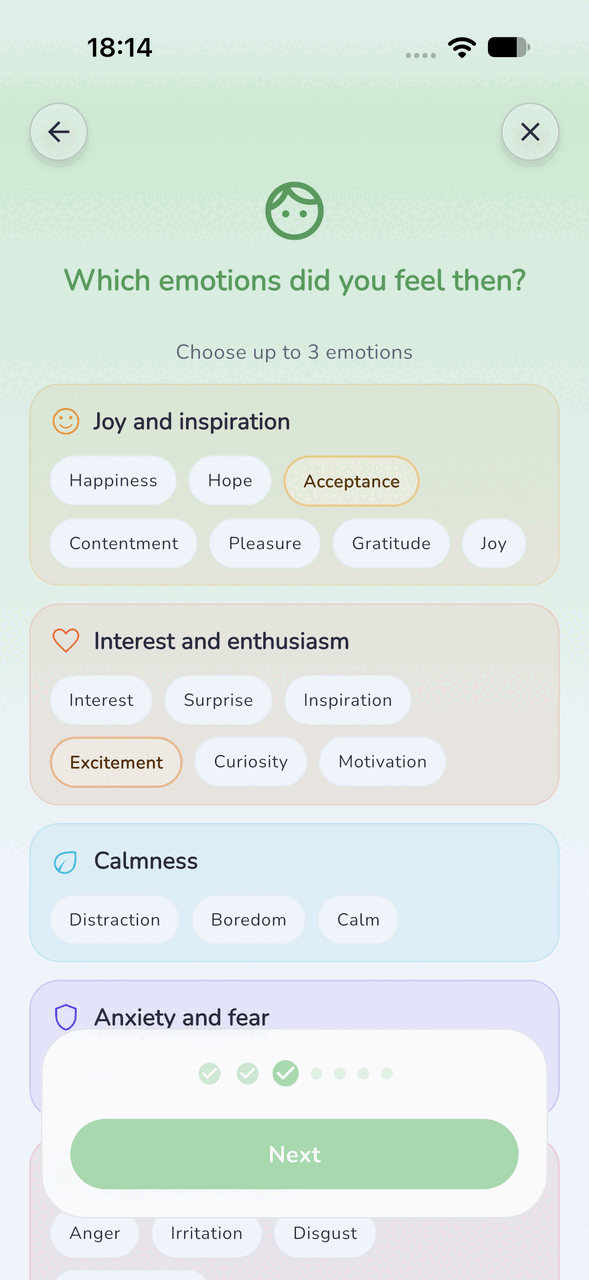 Emotion picker with groups such as joy, interest, and calm