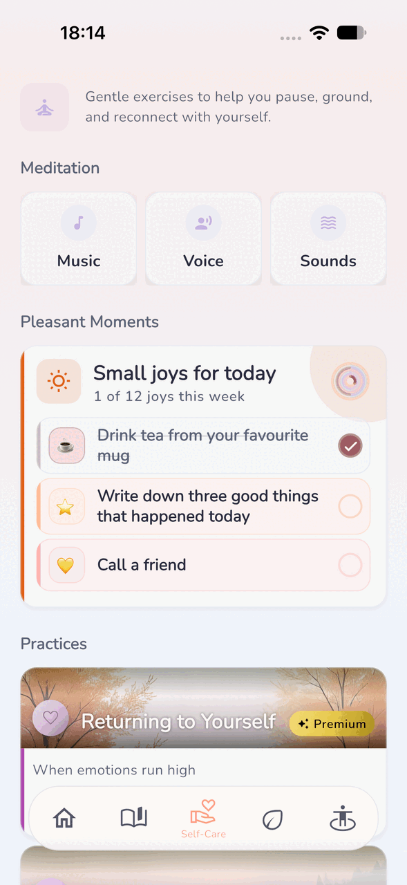 Self-care with meditation, Pleasant Moments, and a premium practice