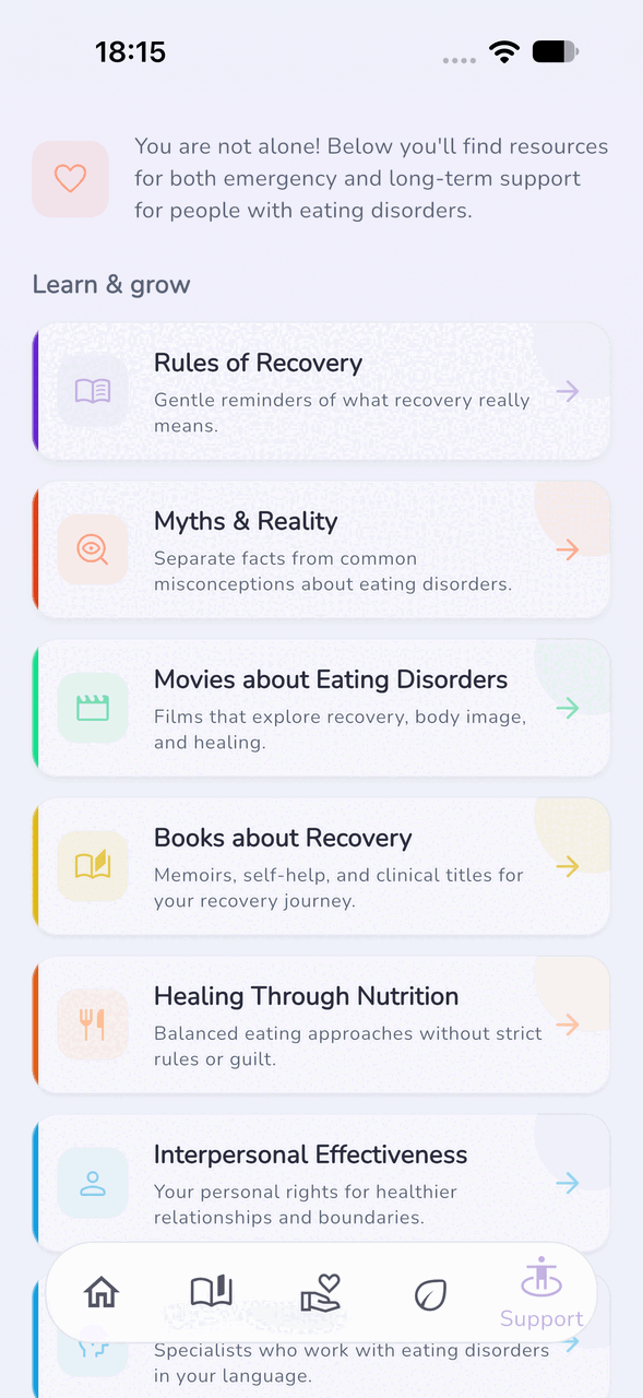 Support library with recovery rules, myths, movies, books, and nutrition